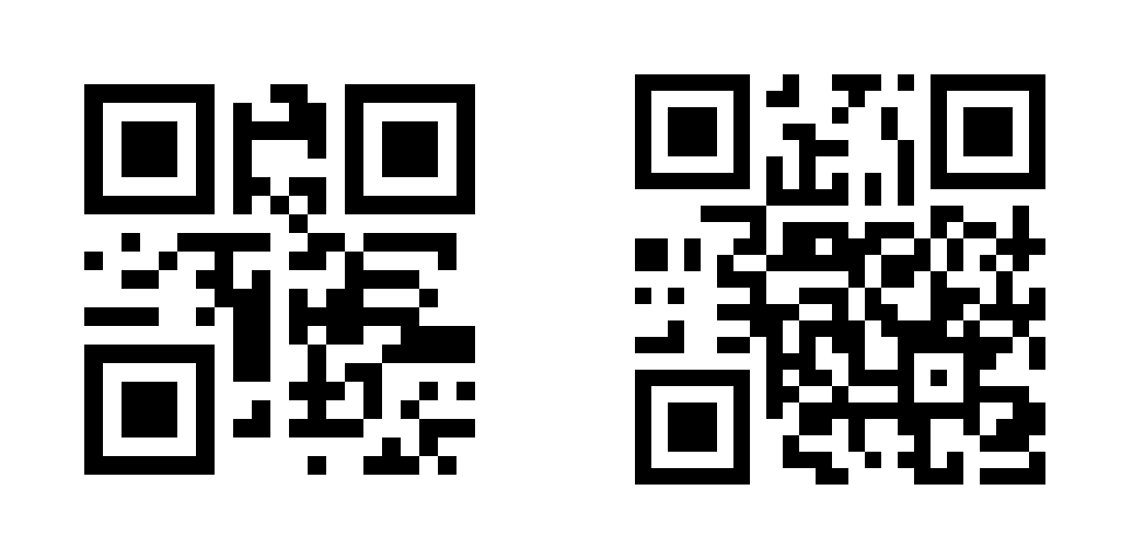 漢字モードのQRコード（左）と8ビットバイトモードのQRコード（右）